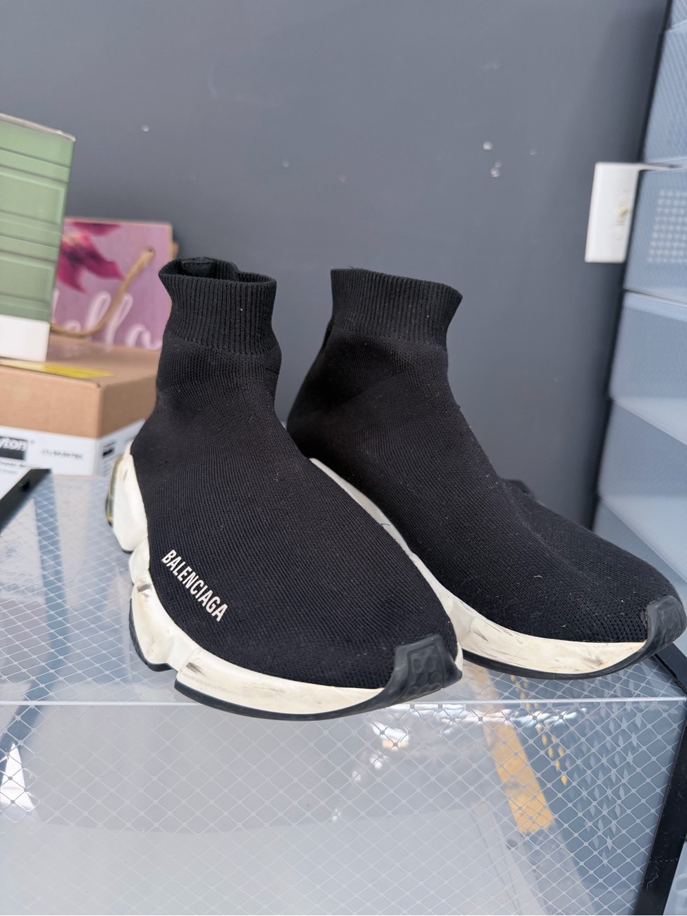 Balenciaga Black Knit Sock Sneakers with White Soles